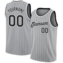 Load image into Gallery viewer, Custom Gray Black Pinstripe Black-White Authentic Basketball Jersey