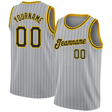 Load image into Gallery viewer, Custom Gray Black Pinstripe Black-Gold Authentic Basketball Jersey