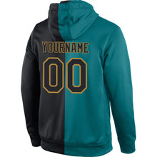 Load image into Gallery viewer, Custom Stitched Aqua Black-Old Gold Split Fashion Sports Pullover Sweatshirt Hoodie