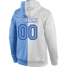 Load image into Gallery viewer, Custom Stitched White Light Blue-Royal Split Fashion Sports Pullover Sweatshirt Hoodie