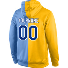 Load image into Gallery viewer, Custom Stitched Gold Royal-Light Blue Split Fashion Sports Pullover Sweatshirt Hoodie