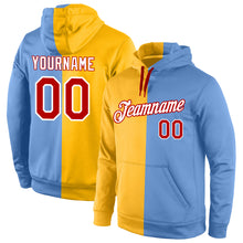 Load image into Gallery viewer, Custom Stitched Gold Red-Light Blue Split Fashion Sports Pullover Sweatshirt Hoodie