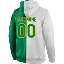 Load image into Gallery viewer, Custom Stitched White Kelly Green-Gold Split Fashion Sports Pullover Sweatshirt Hoodie