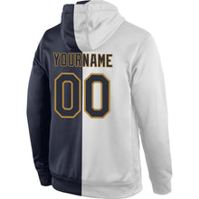 Load image into Gallery viewer, Custom Stitched White Navy-Old Gold Split Fashion Sports Pullover Sweatshirt Hoodie