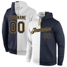 Load image into Gallery viewer, Custom Stitched White Navy-Old Gold Split Fashion Sports Pullover Sweatshirt Hoodie