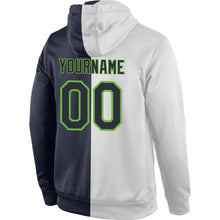 Load image into Gallery viewer, Custom Stitched White Navy-Neon Green Split Fashion Sports Pullover Sweatshirt Hoodie
