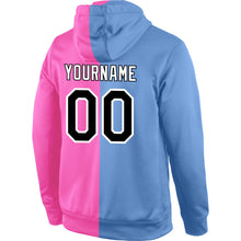 Load image into Gallery viewer, Custom Stitched Light Blue Black-Pink Split Fashion Sports Pullover Sweatshirt Hoodie