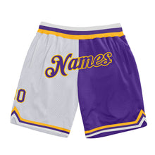 Load image into Gallery viewer, Custom White Purple-Gold Authentic Throwback Split Fashion Basketball Shorts