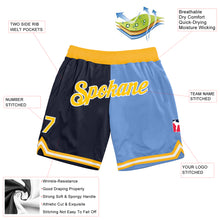 Load image into Gallery viewer, Custom Navy Gold-Light Blue Authentic Throwback Split Fashion Basketball Shorts