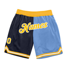 Load image into Gallery viewer, Custom Navy Gold-Light Blue Authentic Throwback Split Fashion Basketball Shorts