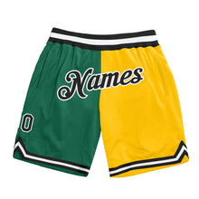 Load image into Gallery viewer, Custom Kelly Green Black-Gold Authentic Throwback Split Fashion Basketball Shorts