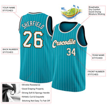Load image into Gallery viewer, Custom Teal White Pinstripe White-Old Gold Authentic Basketball Jersey