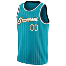 Load image into Gallery viewer, Custom Teal White Pinstripe White-Old Gold Authentic Basketball Jersey