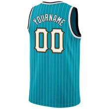 Load image into Gallery viewer, Custom Teal White Pinstripe White-Old Gold Authentic Basketball Jersey