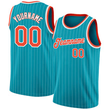 Load image into Gallery viewer, Custom Teal White Pinstripe Orange-White Authentic Basketball Jersey