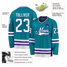 Load image into Gallery viewer, Custom Teal White-Purple Hockey Jersey