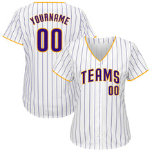 Load image into Gallery viewer, Custom White Purple Pinstripe Purple-Gold Authentic Baseball Jersey