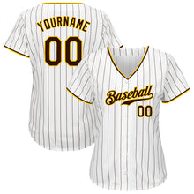 Load image into Gallery viewer, Custom White Brown Pinstripe Brown-Gold Authentic Baseball Jersey