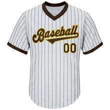 Load image into Gallery viewer, Custom White Brown Pinstripe Brown-Gold Authentic Throwback Rib-Knit Baseball Jersey Shirt