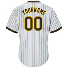 Load image into Gallery viewer, Custom White Brown Pinstripe Brown-Gold Authentic Throwback Rib-Knit Baseball Jersey Shirt