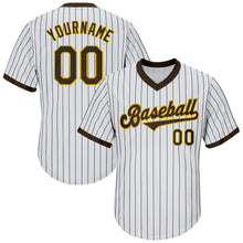 Load image into Gallery viewer, Custom White Brown Pinstripe Brown-Gold Authentic Throwback Rib-Knit Baseball Jersey Shirt