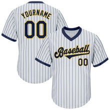Load image into Gallery viewer, Custom White Navy Pinstripe Navy-Gold Authentic Throwback Rib-Knit Baseball Jersey Shirt