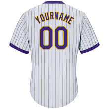 Load image into Gallery viewer, Custom White Purple Pinstripe Purple-Gold Authentic Throwback Rib-Knit Baseball Jersey Shirt