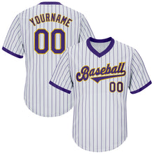 Load image into Gallery viewer, Custom White Purple Pinstripe Purple-Gold Authentic Throwback Rib-Knit Baseball Jersey Shirt