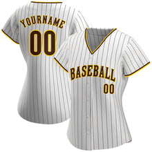 Load image into Gallery viewer, Custom White Brown Pinstripe Brown-Gold Authentic Baseball Jersey