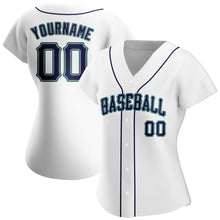 Load image into Gallery viewer, Custom White Navy-Teal Authentic Baseball Jersey