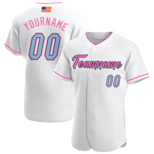 Load image into Gallery viewer, Custom White Light Blue-Pink Authentic American Flag Fashion Baseball Jersey