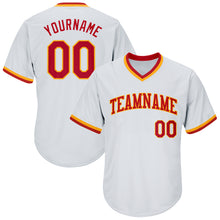 Load image into Gallery viewer, Custom White Red-Gold Authentic Throwback Rib-Knit Baseball Jersey Shirt
