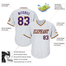 Load image into Gallery viewer, Custom White Purple-Gold Authentic Throwback Rib-Knit Baseball Jersey Shirt