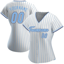 Load image into Gallery viewer, Custom White Light Blue Pinstripe Light Blue-Navy Authentic Baseball Jersey