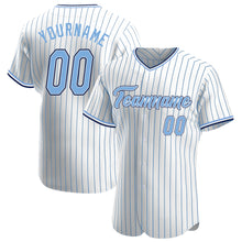 Load image into Gallery viewer, Custom White Light Blue Pinstripe Light Blue-Navy Authentic Baseball Jersey
