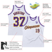 Load image into Gallery viewer, Custom White Purple-Gold Authentic Throwback Basketball Jersey