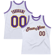 Load image into Gallery viewer, Custom White Purple-Gold Authentic Throwback Basketball Jersey