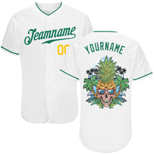 Load image into Gallery viewer, Custom White Kelly Green-Gold Authentic Skull Pineapple Head Baseball Jersey