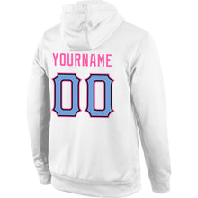 Load image into Gallery viewer, Custom Stitched White Light Blue-Pink Sports Pullover Sweatshirt Hoodie