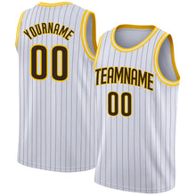 Load image into Gallery viewer, Custom White Brown Pinstripe Brown-Gold Authentic Basketball Jersey