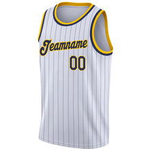 Load image into Gallery viewer, Custom White Navy Pinstripe Navy-Gold Authentic Basketball Jersey