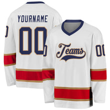 Load image into Gallery viewer, Custom White Navy-Red Hockey Jersey
