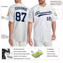 Load image into Gallery viewer, Custom White Navy Pinstripe Navy Authentic Baseball Jersey