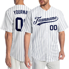 Load image into Gallery viewer, Custom White Navy Pinstripe Navy Authentic Baseball Jersey