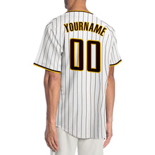 Load image into Gallery viewer, Custom White Brown Pinstripe Brown-Gold Authentic Baseball Jersey