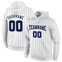 Load image into Gallery viewer, Custom Stitched White Navy Pinstripe Navy-Gray Sports Pullover Sweatshirt Hoodie