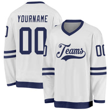 Load image into Gallery viewer, Custom White Navy Hockey Jersey