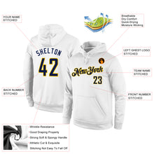 Load image into Gallery viewer, Custom Stitched White Navy-Gold Sports Pullover Sweatshirt Hoodie