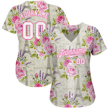 Load image into Gallery viewer, Custom White White-Pink 3D Pattern Design Floral Pattern With The Eiffel Tower Authentic Baseball Jersey
