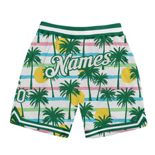 Load image into Gallery viewer, Custom White White-Kelly Green 3D Pattern Design Palm Trees Authentic Basketball Shorts